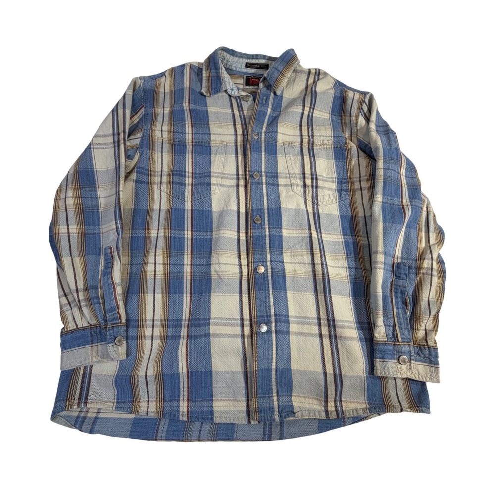 Wrangler Cotton Shirt – L Blue Plaid Heavy Twill Button Down